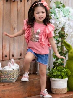 Glitter Bunny Ruffled Top & Denim Shorts Set -MEO Kid Clothing Shop SUM22SET47CAPSB Pink 5