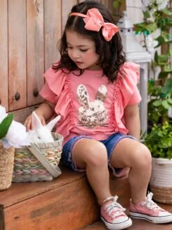 Glitter Bunny Ruffled Top & Denim Shorts Set -MEO Kid Clothing Shop SUM22SET47CAPSB Pink 9