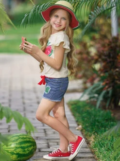 Hello Summer Patch Denim Shorts Set -MEO Kid Clothing Shop SUM22SET4CAHSW Creme 1