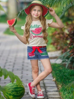 Hello Summer Patch Denim Shorts Set -MEO Kid Clothing Shop SUM22SET4CAHSW Creme 2