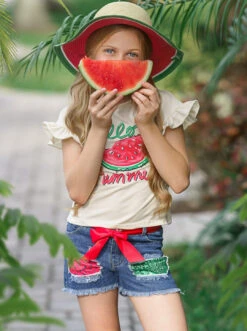 Hello Summer Patch Denim Shorts Set -MEO Kid Clothing Shop SUM22SET4CAHSW Creme 3