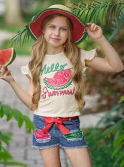 Hello Summer Patch Denim Shorts Set