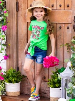 Summer Vibes Patch Denim Shorts Set -MEO Kid Clothing Shop SUM22SET6CAGLW Green 1