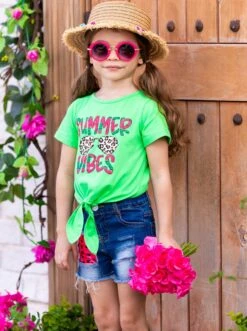 Summer Vibes Patch Denim Shorts Set -MEO Kid Clothing Shop SUM22SET6CAGLW Green 3