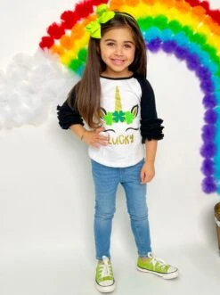 Lucky Girl Unicorn Ruffle Raglan Top