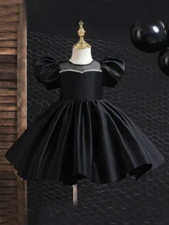 Golden Glow Puff Sleeve Satin Dress