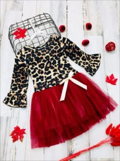 Moves Like Jaguar Long Sleeve Tutu Dress -MEO Kid Clothing Shop girls animal print long ruffled sleeve tutu skirt dress with bow burgundy 2t 20 39 99 40 59 10y12y 2t3t 4t5y fall casual mia belle baby 115