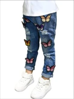 Flutter Girl Distressed Butterfly Jeans -MEO Kid Clothing Shop girls distressed butterfly applique jeans 20 39 99 40 59 2t3t 4t5y 6y6x spring bottom mia belle overseas fulfillment baby 618