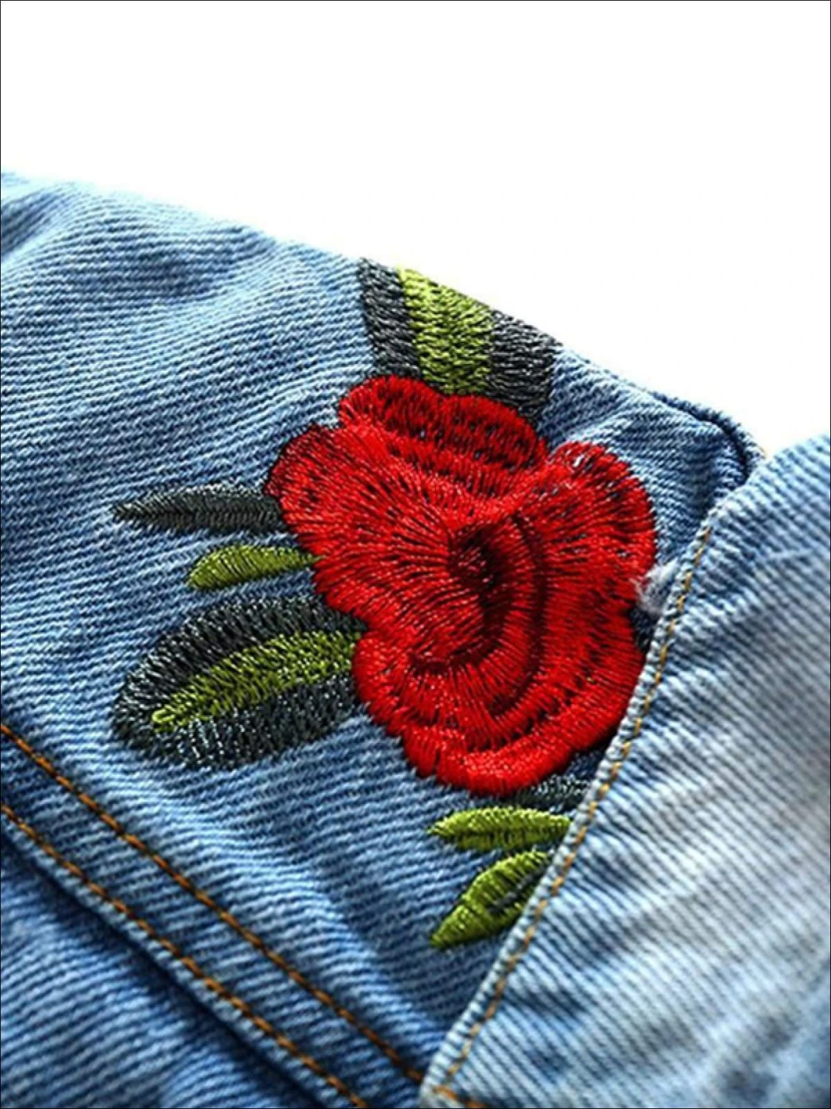 Girls Distressed Denim Jacket With Rose Embroidery 5 Girls Distressed Denim Jacket With Rose Embroidery - Image 3