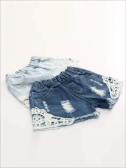 Girls Distressed Lace Denim Shorts -MEO Kid Clothing Shop girls distressed lace denim shorts 19 99 and under 20 39 40 59 10y12y 2t3t mia belle overseas fulfillment baby 528