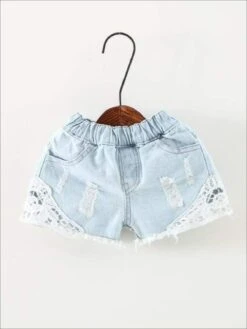 Girls Distressed Lace Denim Shorts -MEO Kid Clothing Shop girls distressed lace denim shorts light blue 24m 19 99 and under 20 39 40 59 10y12y 2t3t mia belle overseas fulfillment baby 358