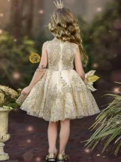 Glittering Gold Special Occasion Dress -MEO Kid Clothing Shop girls gold glitter embellished high neck flared holiday special occasion dress 60 10y12y 2t3t 4t5y 6x6y fall dressy mia belle overseas fulfillment baby 645
