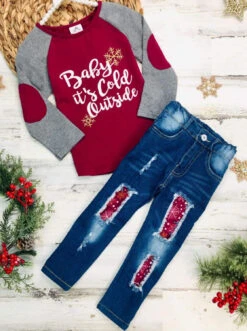 Baby It's Cold Outside Patched Top & Jeans Set -MEO Kid Clothing Shop girls long sleeve baby its cold outside elbow patch raglan top ripped jeans set burgundy 2t 20 39 99 40 59 10y12y 2181 2t3t fall casual mia belle 244