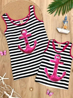 Mommy & Me Striped Sequin Anchor Tank Top -MEO Kid Clothing Shop girls mommy me striped sequin anchor applique tank top black 6mos 9mos 19 99 and under 20 39 40 59 10y12y 2t3t mia belle baby 517