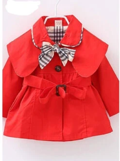 Girls Red Trench Coat With Plaid Bow