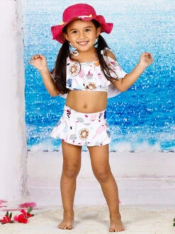 Sweet Treat Two Piece Swimsuit -MEO Kid Clothing Shop girls retro print off the shoulder ruffled top skirted bottom two piece swimsuit 20 39 99 40 59 4t5y 6y6x 7y8y mia belle baby 370