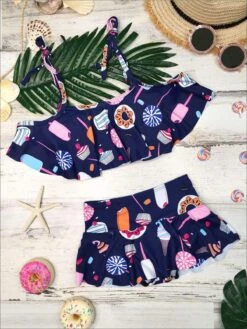 Sweet Treat Two Piece Swimsuit -MEO Kid Clothing Shop girls retro print off the shoulder ruffled top skirted bottom two piece swimsuit 20 39 99 40 59 4t5y 6y6x 7y8y mia belle baby 803