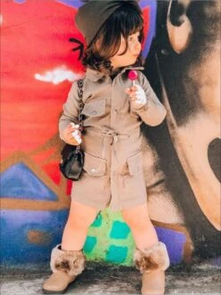 Trendsetter Trench Coat Dress -MEO Kid Clothing Shop girls trendy trench coat dress khaki 2t 20 39 99 40 59 2t3t 4t5y 6x6y jacket mia belle overseas fulfillment baby 649
