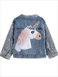 Jean Queen Unicorn Sequin Denim Jacket -MEO Kid Clothing Shop girls unicorn applique sequin long sleeve denim jacket 20 39 99 40 59 10y12y 2t3t 4t5y mia belle overseas fulfillment baby 144