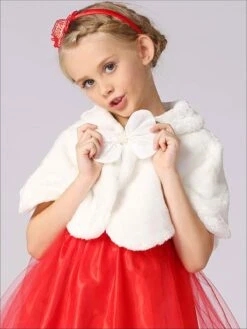 Girls White Faux Fur Bow Applique Princess Cloak/Bolero