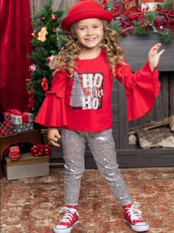 Ho Ho Ho Bell Sleeve Top & Sequin Legging Set