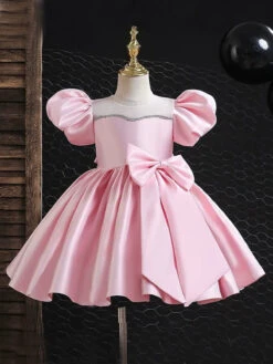 Golden Glow Puff Sleeve Satin Dress -MEO Kid Clothing Shop hghklk