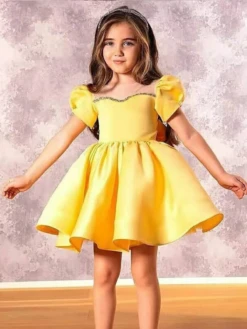 Golden Glow Puff Sleeve Satin Dress -MEO Kid Clothing Shop nfgxfgn