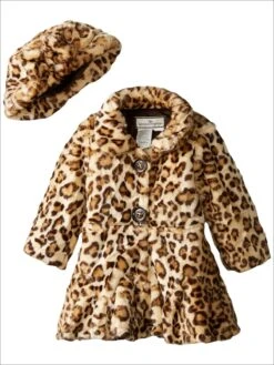 Girls Little Leopard Faux Fur Coat And Hat Set
